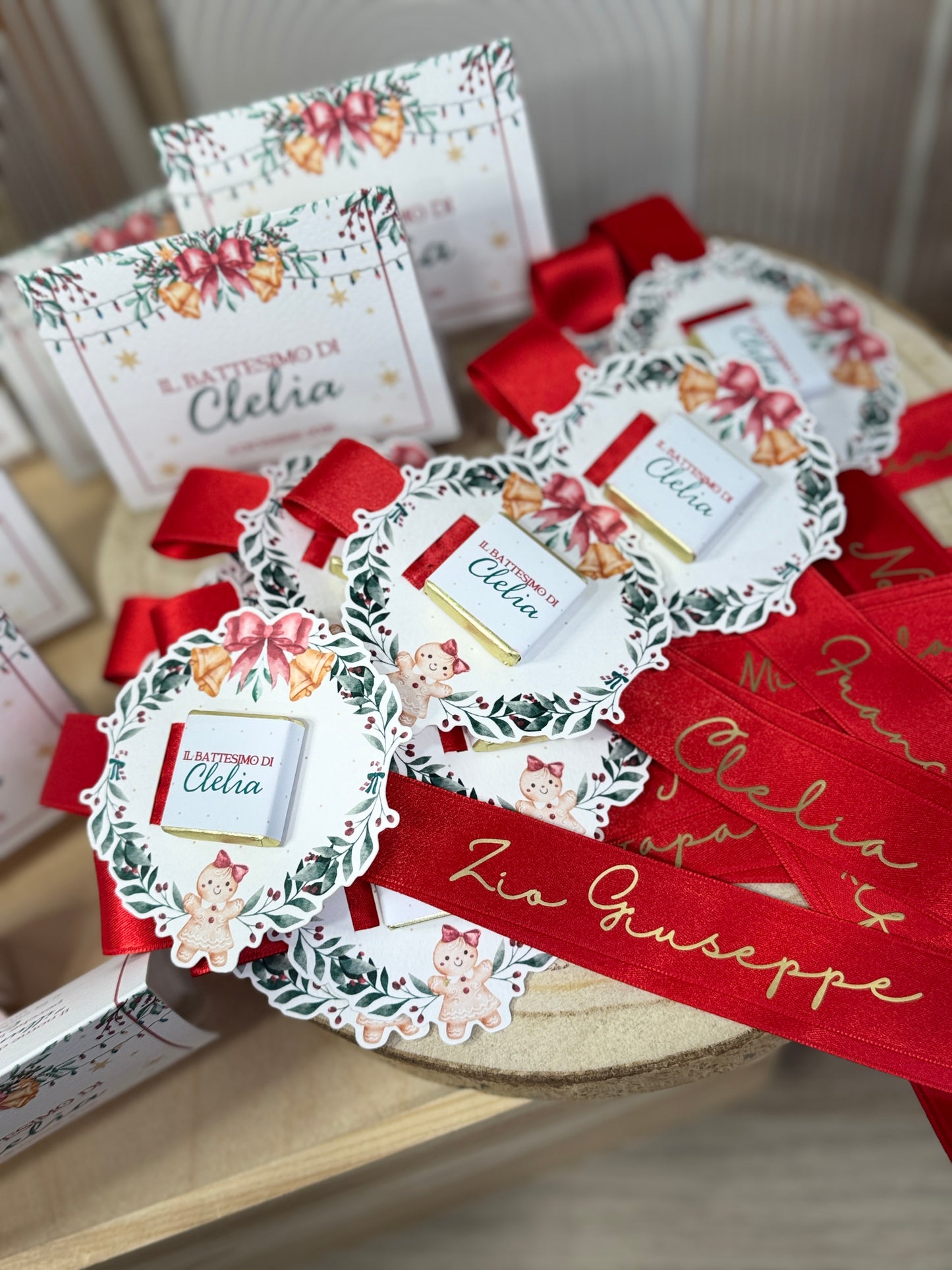Segnaposto Battesimo natalizio con nastro personalizzato