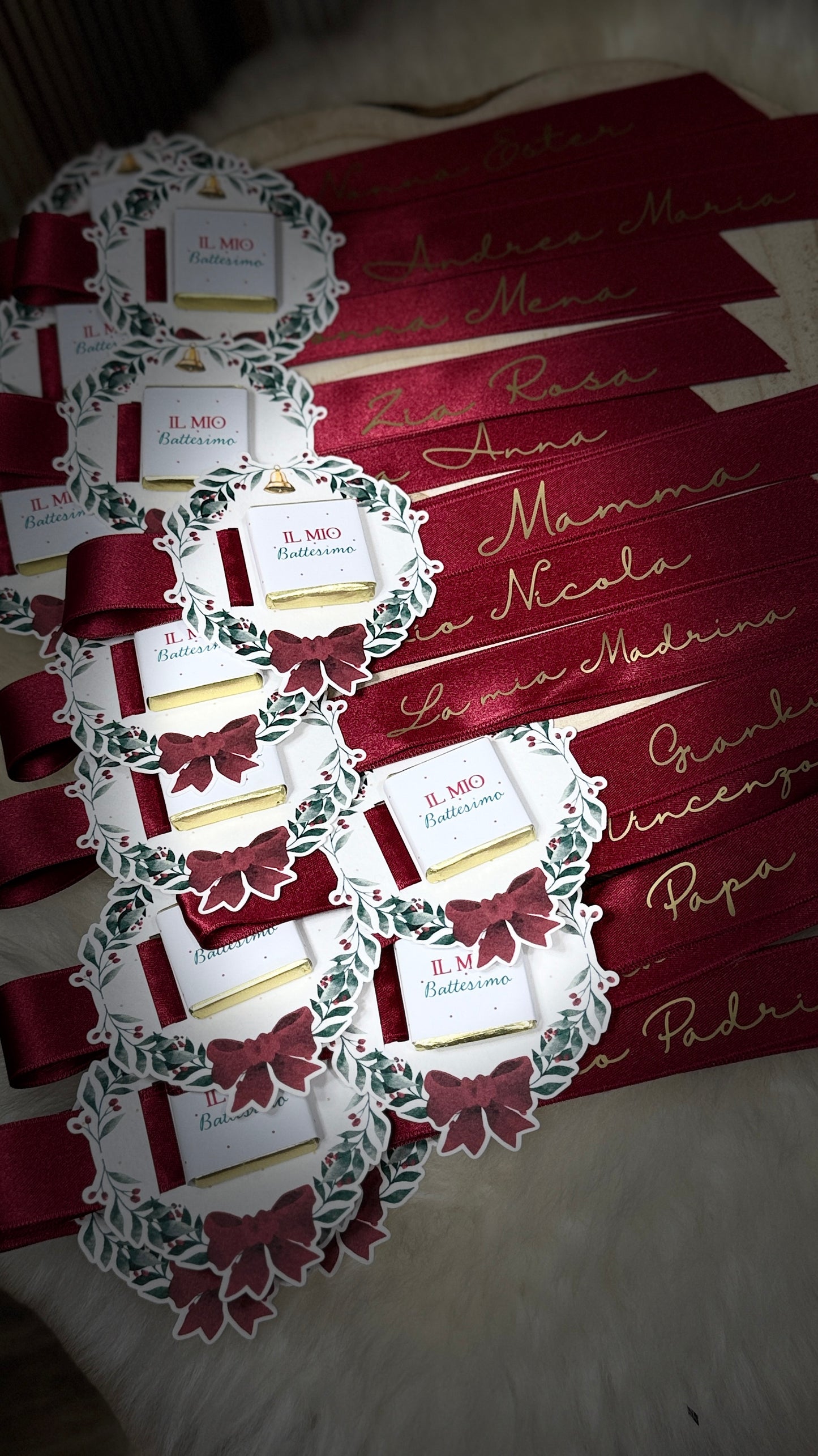 Segnaposto Battesimo natalizio con nastro personalizzato
